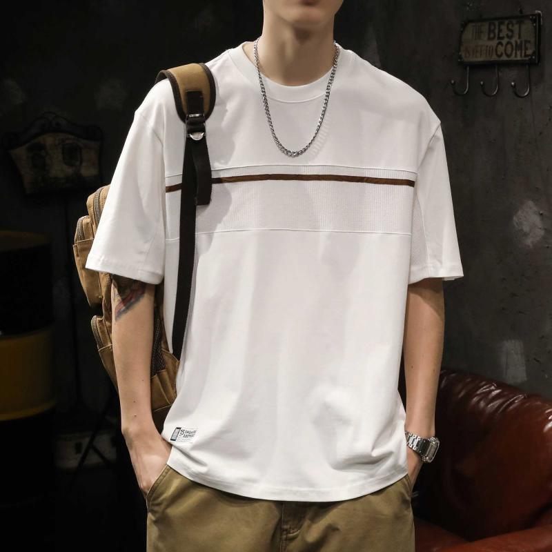 Tシャツ メンズ 夏 アメリカン ヘビー ストライプ シャツ ラウンドネック 大きめサイズ トップス 綿 半袖 男 コットン メンズ ゆったり ファッション かっこいい カジュアル