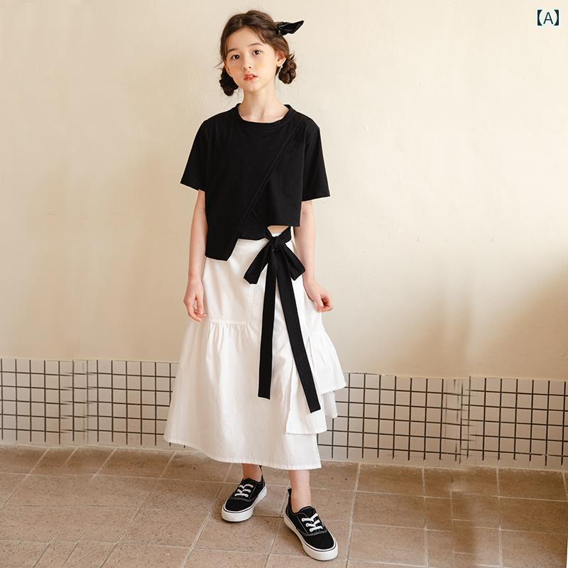 子供服 女の子 スカート セットアップ 夏 ファッション 半袖 Tシャツ 子供 スーツ リボン かわいい 個性