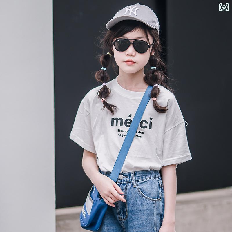 子供服 女の子 トップス 夏 子供 韓国 半袖 Tシャツ ラウンドネック Tシャツ ゆったり シンプル