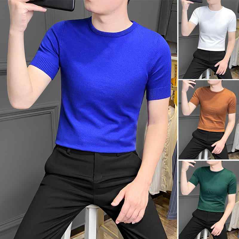 メンズ クラインブルー 半袖 Tシャツ 春秋 夏 薄手 スリム ひんやり 涼しい 快適 ニット シャツ ラウンドネック スリムフィット ファッション スタイリッシュ きれいめ
