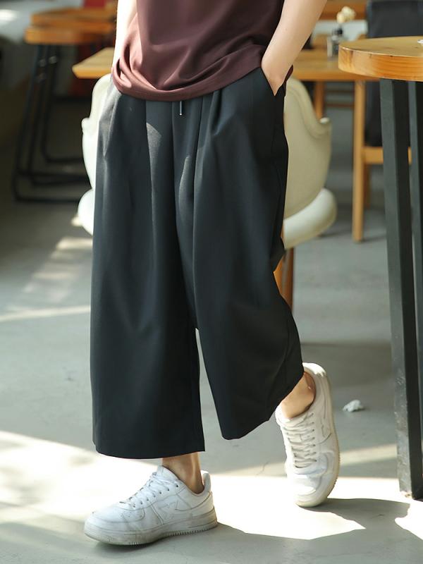 レディース パンツ 黒 ワイドレッグパンツ カジュアル 九分丈 ロング クロップド ストレート 夏 ゴムウエスト