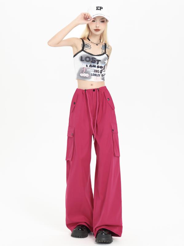レディース ボトムス ゆったり パンツ 韓国 アメリカン ガール ハイウエスト ローズレッド 夏 ヒップ ホップ 脚 ワイドレッグ パンツ カジュアル おしゃれ かわいい