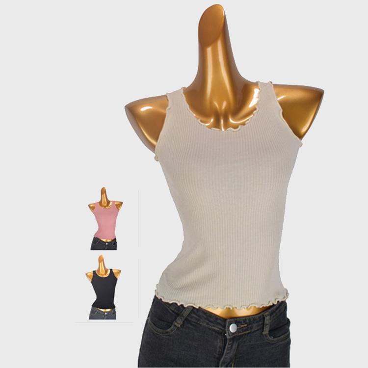 レディース 夏 ニットキャミソール ショート ノースリーブトップス ラウンドネック エッジ 無地 スリム..