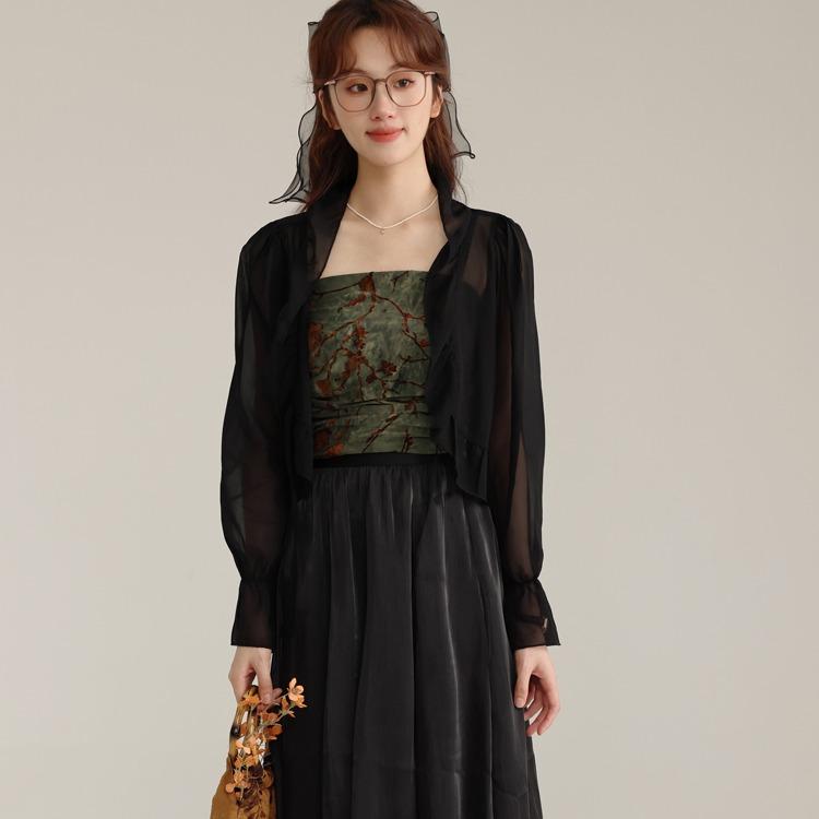 スカート レディース 小さめ 黒 シフォン ミモレ丈 スカート ファッション 夏 フレンチ 優しい ハイウエスト スリム Aライン ジャケット キャミソール シック おしゃれ クール