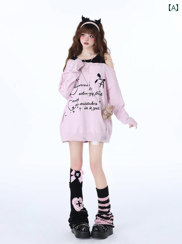Garments - レディース ゴスロリ 地雷 ロリータ ガーリー 重ね着風 ショルダー クール セーター スウェット ピンク