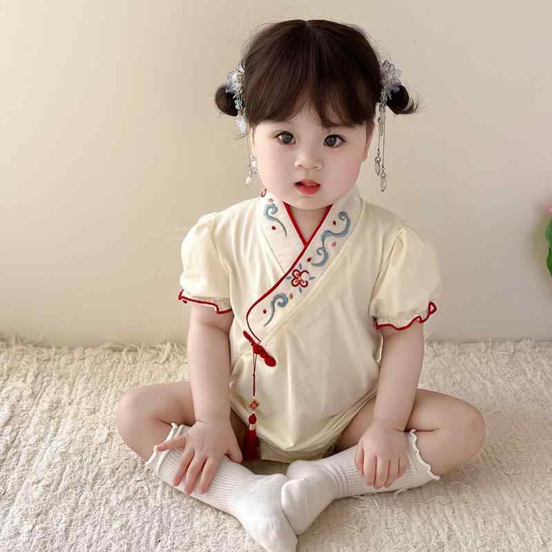 ロンパース ベビー 服 夏服 新 チャイナ風 ジャンプ スーツ 夏 ベビー ウェア バッグ ジャケット 薄手 かわいい 赤ちゃん 半袖 ホワイト