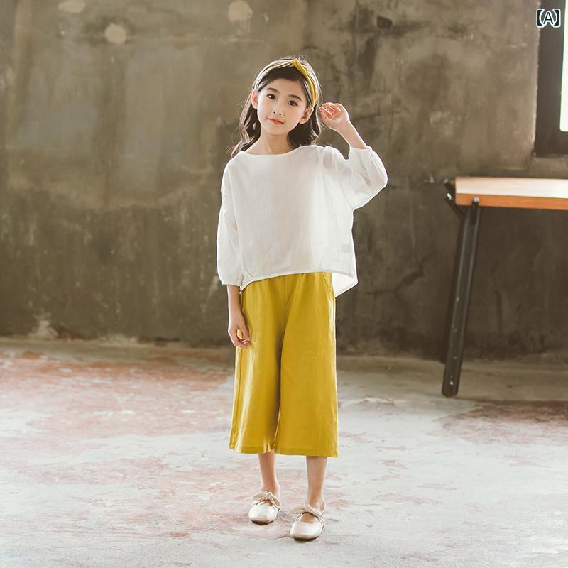 セキュアデポの女の子 スーツ 大きめ 子供 夏服 韓国 セットアップ トップス 七分丈 ワイドレッグ パンツ キッズ ファッション コットン 半袖 薄手 プルオーバー｜アングル2