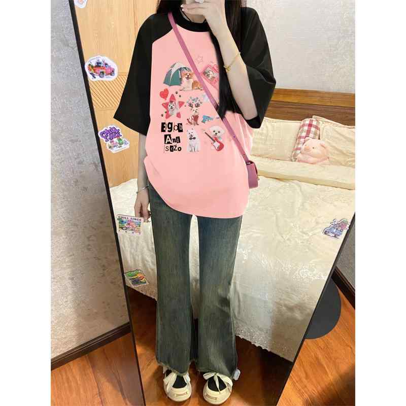 レディース コントラスト カラー 半袖 Tシャツ 夏 綿 アメリカン レトロ カジュアル Tシャツ トップス イン ラウンドネック ファッション