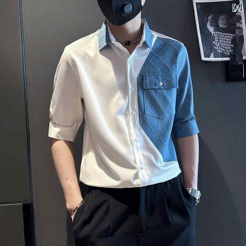 メンズ トップス メンズ デニムシャツ 七分袖 夏 ひんやり 涼しい 快適 スリムフィット 半袖 薄手 ホワイト ブラック カジュアル