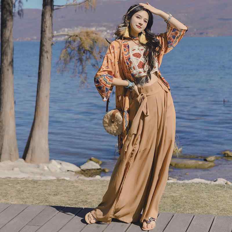 Nylon, Rayon, Polyester - レディース エスニック ビーチ リゾート 日焼け防止 パンツ シフォン ハイウエスト ドレープ ワイドレッグパンツ 北西部 スリット キュロット