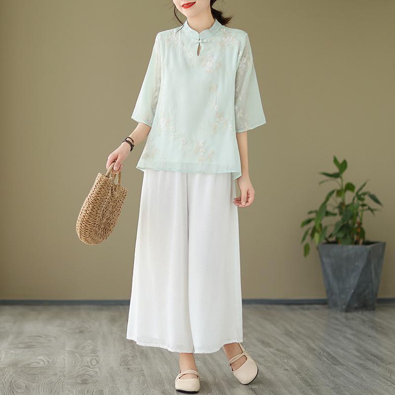 レディース 婦人服 リネン スーツ チャイナ風 刺繍 夏 綿麻 無地 クロップドパンツ