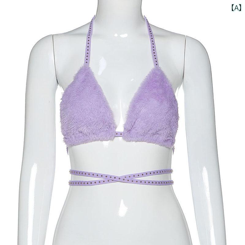 スイート クール パープル ファー スタッズ ビキニ ブラジャー ホルターネック マイクロビキニ ホワイト