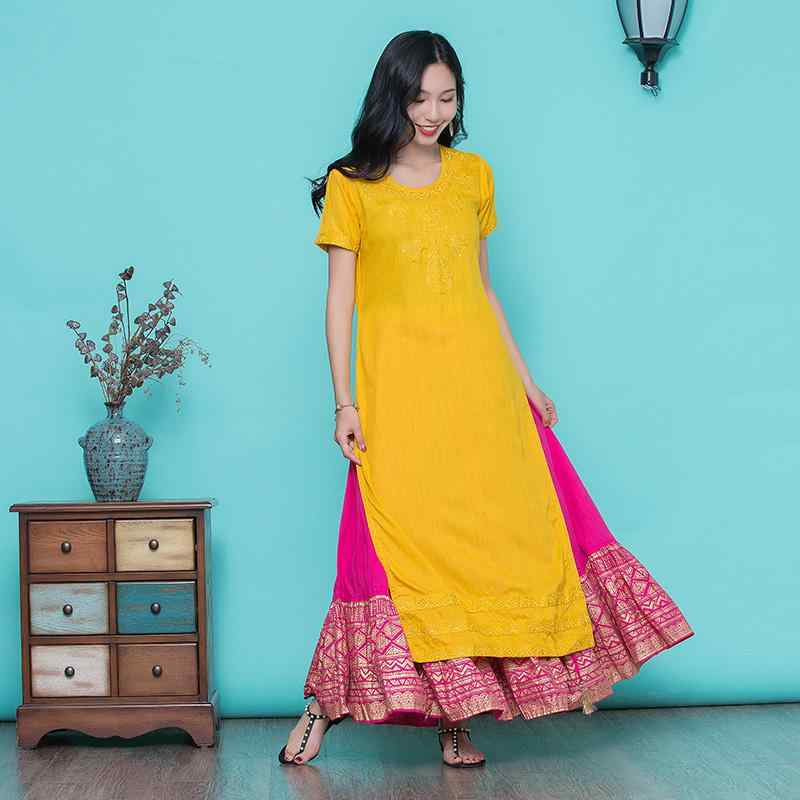 インド エスニック レディース 丈 綿 黄 刺繍 さわやか 快適 ラウンドネック 半袖 トップス スカート ..