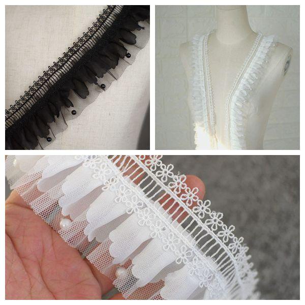 DIY素材 芸品 カット 6cm幅 二層 黒 白 メッシュ パール プリーツスカート 袖口 人形 スカート ウェデ..