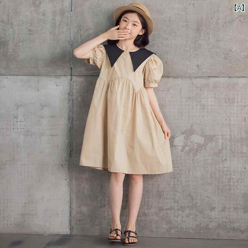 セキュアデポの女の子 レトロ ドレス 夏 子供 キッズ ファッション 韓国 半袖 カーキ プリンセス スカート コットン シンプル エレガント おしゃれ ワンピース｜アングル2
