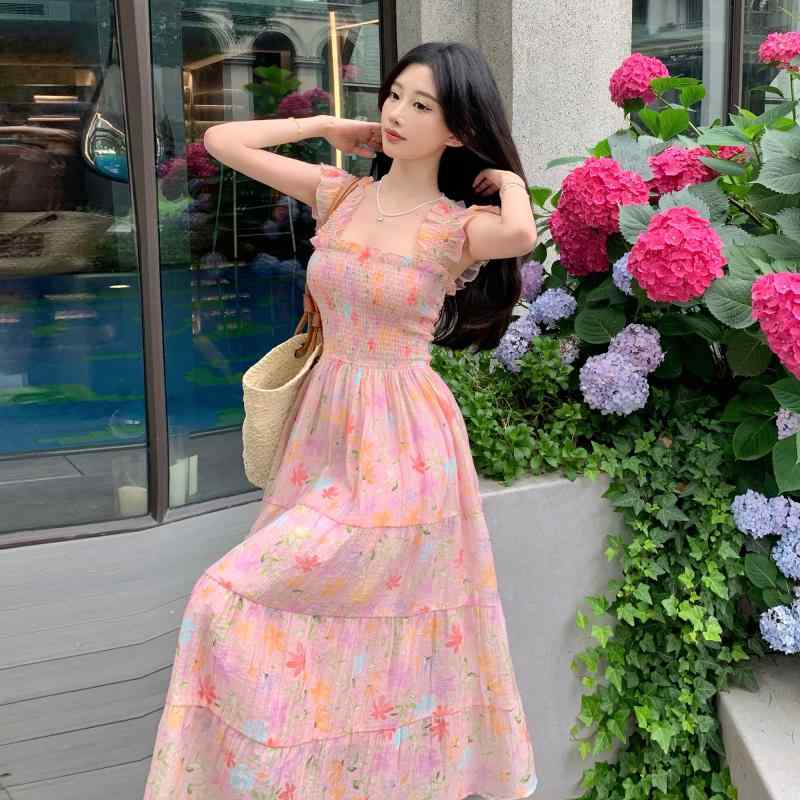 花柄 シフォン 夏ドレス ワンピース ウエストスリム かわいい レディース ロング