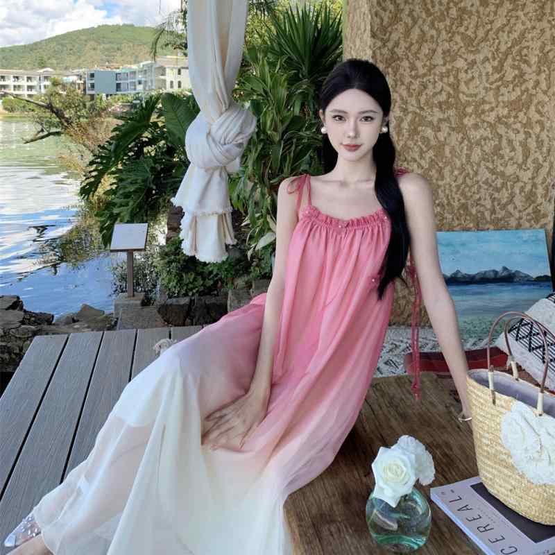 グラデーション ワンピース 夏ドレス ゆったり 薄地 シフォン ロングスカート スイート レディース