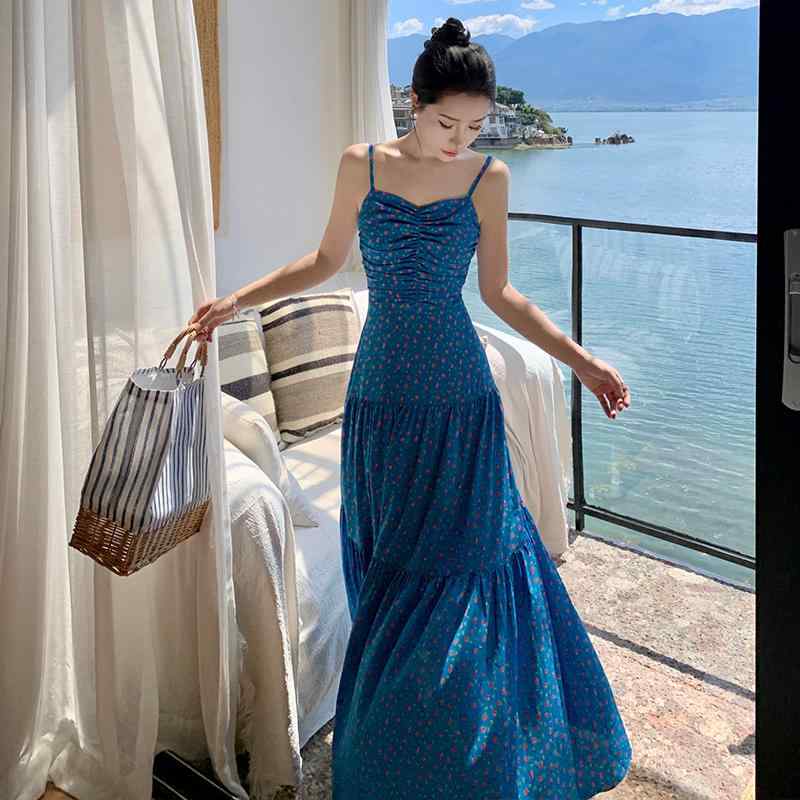 樂天商城 - 花柄 ワンピース 夏ドレス ロング丈 ウエストスリム バックレス かわいい レディース フリルスカート