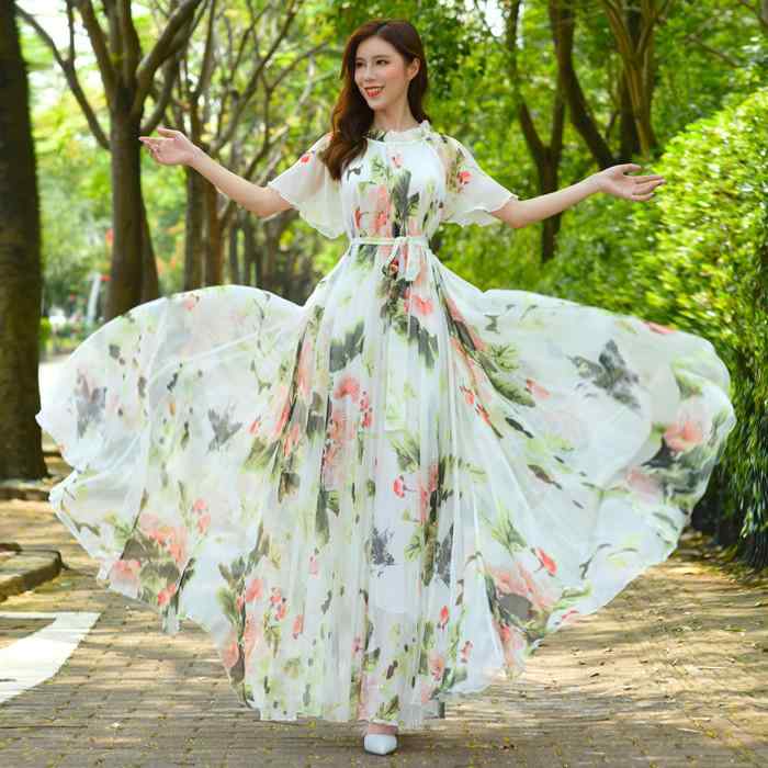 レディース エスニック ファッション おしゃれ 夏 フレアスカート シフォン 花柄 足首丈 エクストラ ロング ビーチ 大きいサイズ マキシ ドレス