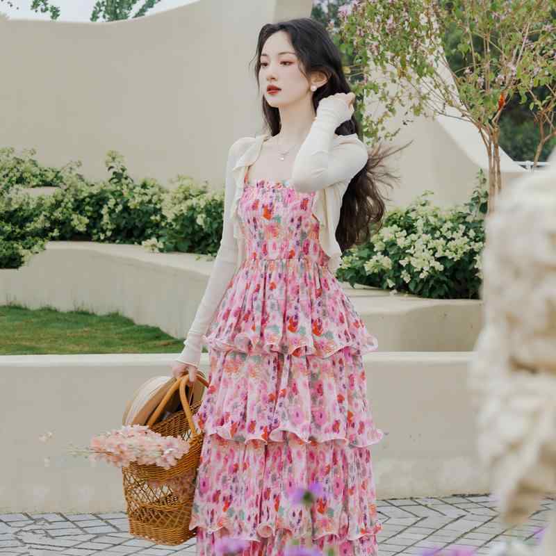 夏 ファッション おしゃれ 春夏 花柄 ゴム ウエスト サスペンダー ケーキドレス シーサイド 旅行 休暇 ..