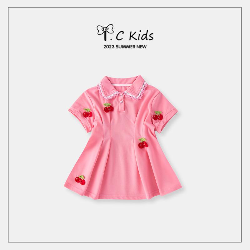 キッズ ベビー ワンピース ポロシャツ サクランボ おしゃれ着 女の子 夏 ドレス 子供服 プリンセスドレス ピンク ドレス 夏 小さめ 女の子 ドレス