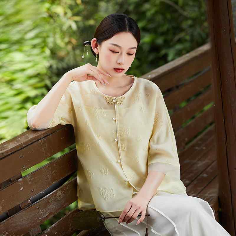 チャイナ風 漢服 レディース 婦人服 普段使い 夏 唐装 ショート シャツ トップス 瞑想茶 イエロー レトロ