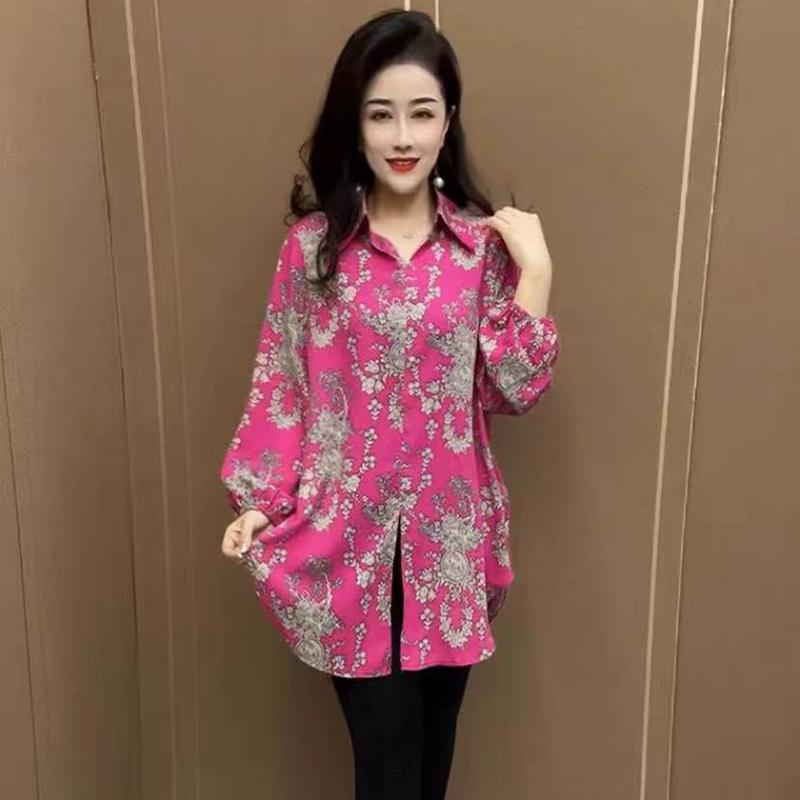 レディース 婦人服 夏 大きいサイズ 水墨柄 ランタン スリーブ スリット 丈 マザーズ モダン 花柄 シャツ 九分袖 ファッション