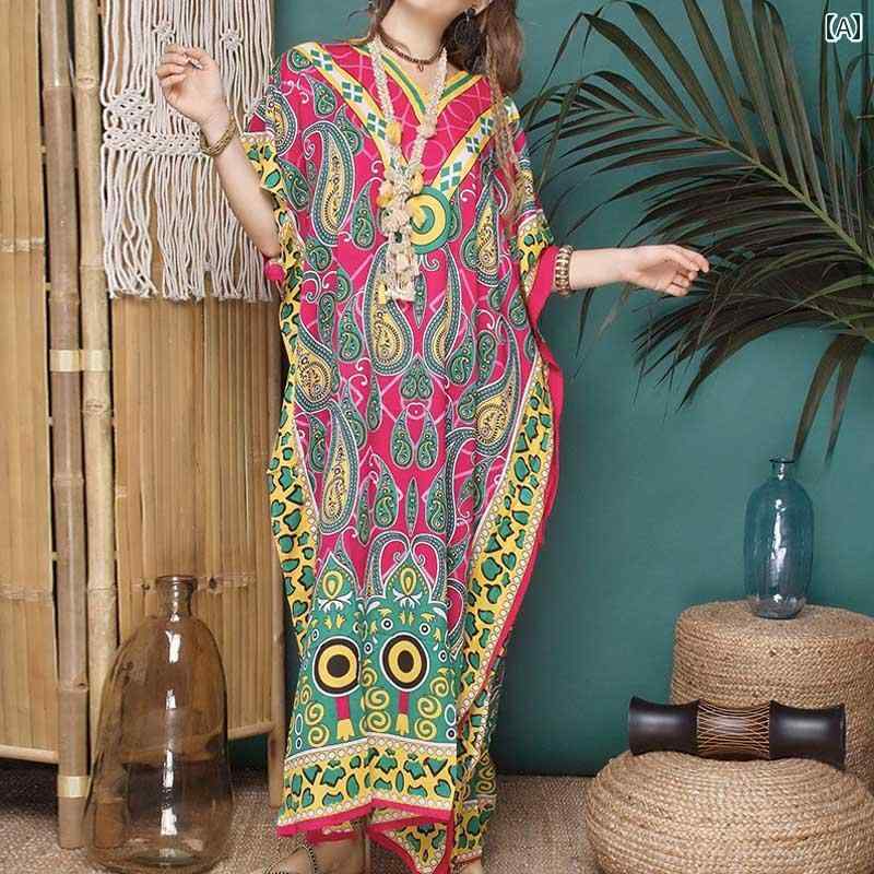 レディース 夏 ファッション エスニック Vネック ゆったり ウエスト プルオーバー ロング スカート