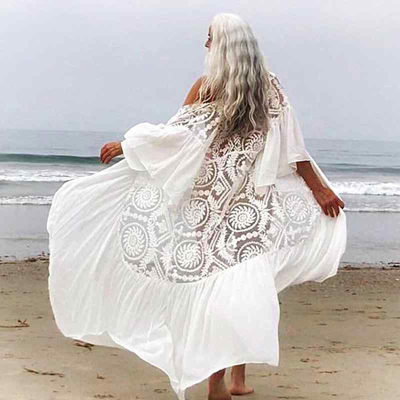 レディース 夏 ファッション 夏 ボヘミアン Vネック ホワイト カーディガン 七分袖 ミディアム トップス