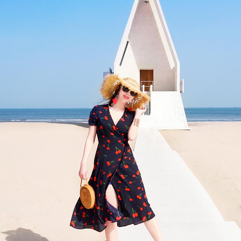 レディース 夏 ファッション ミモレ丈 スカート Vネック パフスリーブ 半袖 ハイウエスト