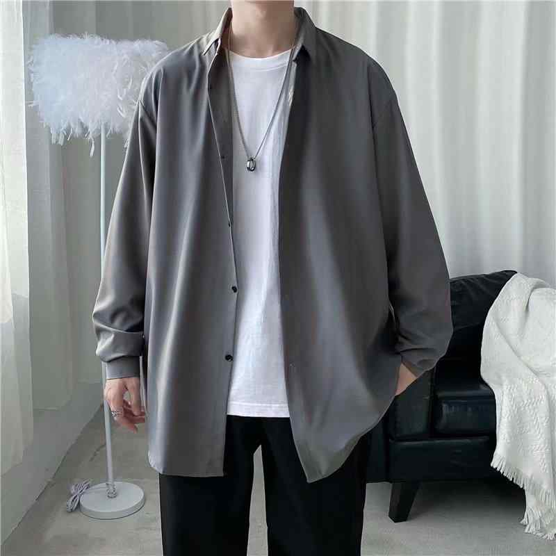 メンズ 春 ドレープ 無地 シンプル 長袖 シャツ イン カップル カジュアル ジャケット トップス クール ボタン ゆったり レジャー ポイ..