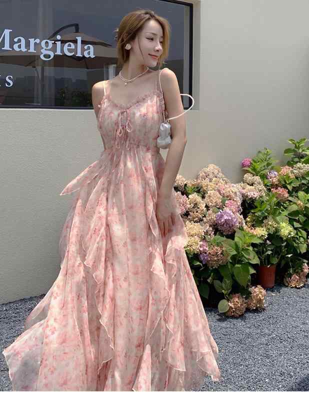 レディース エスニック ファッション 中国風 おしゃれ 美しい フェアリー 膝上ロングスカート 夏 休み フレンチ ティーブレイク フリル 花柄 キャミソールドレス