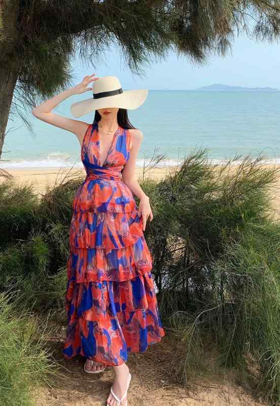 夏 ファッション 中国風 おしゃれ 夏 ドレス エキゾチック ホリデー バックレス ケーキ ドレス シフォン ロング ドレス ビーチ ドレス 海辺 休暇