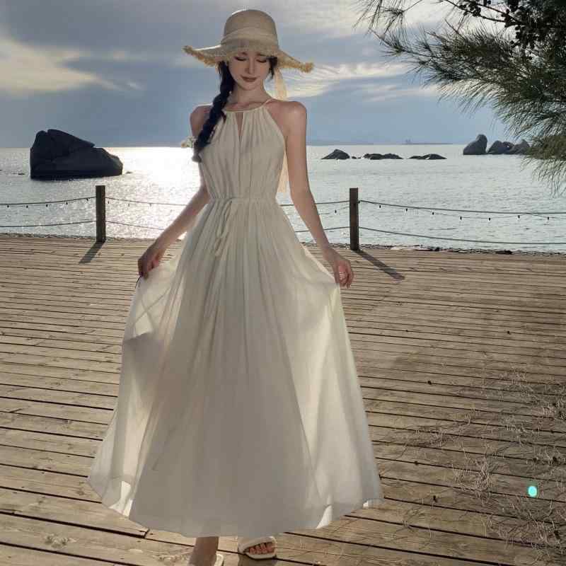 夏 ファッション 中国風 おしゃれ ホリデー ホルターネック ストラップ ドレス レディース 夏 ビーチ 写真服 フェアリーホワイト ロング スカート