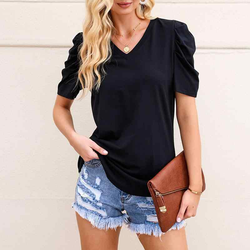 トップス 夏 無地 半袖 Tシャツ 薄地 プルオーバー Vネック エレガント シンプル レディース ファッション