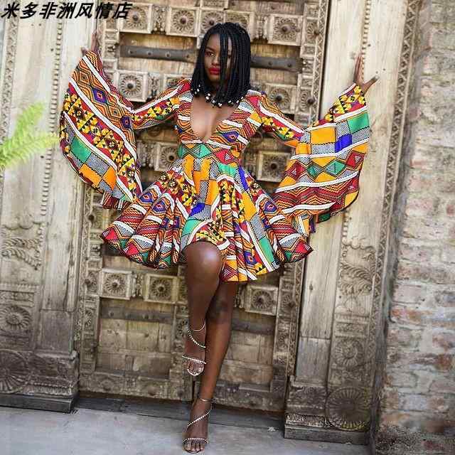 レディース ファッション ドレス 南米 民族系 アフリカ ショート スカート プリント 夏 ディープ Vネッ..