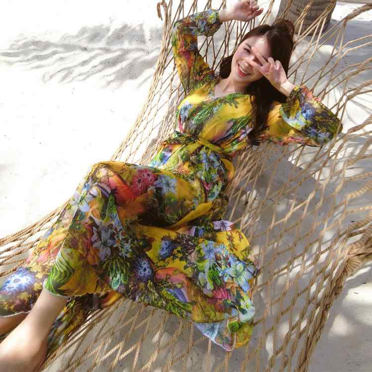 夏 ファッション おしゃれ 海辺 休暇 ビーチ ドレス レディース 夏 花柄 ドレス 大きいサイズ 長袖 シフォン ボヘミアン ロングスカート