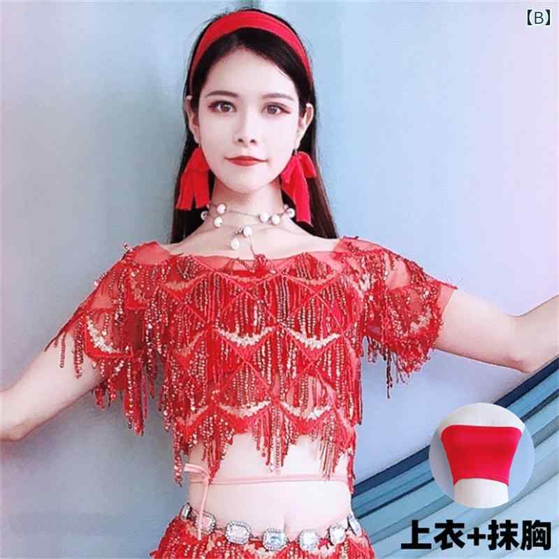 ベリーダンス 夏 赤 刺繍 タッセル ヒップ スカーフ 練習服 パフォーマンス ステー...