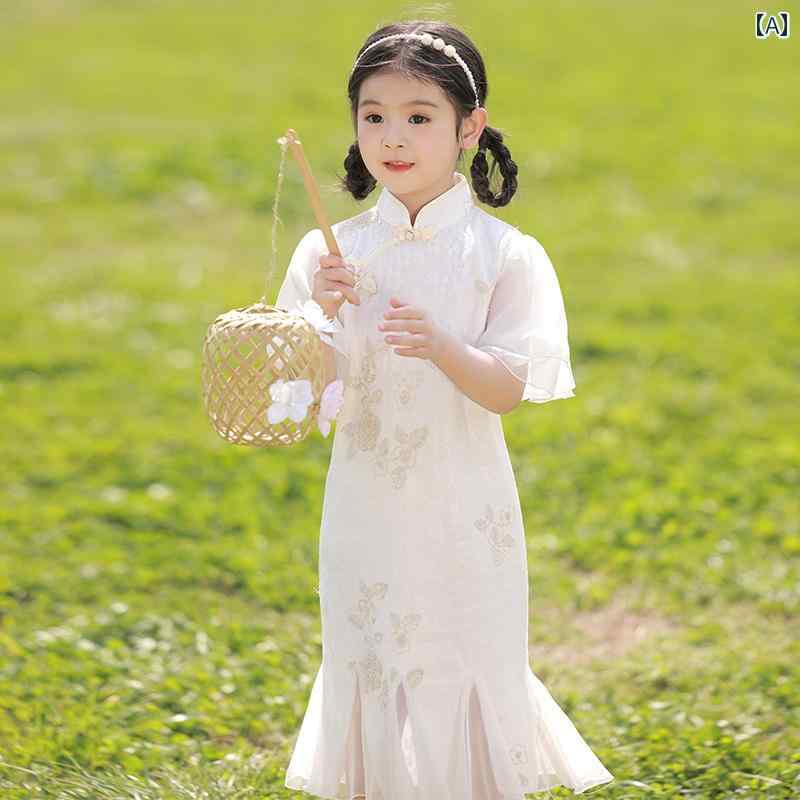 チャイナ ドレス かわいい 女の子 チャイナ風 立ち襟 プリンセス スカート 夏 レース フィッシュテール 子供服 キッズ ワンピース 中国風