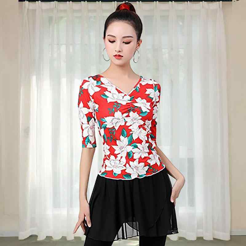 レディース ラテンダンス 練習 服 トップス 春夏 ミドルスリーブ Vネック 大人 モダンダンス 衣装