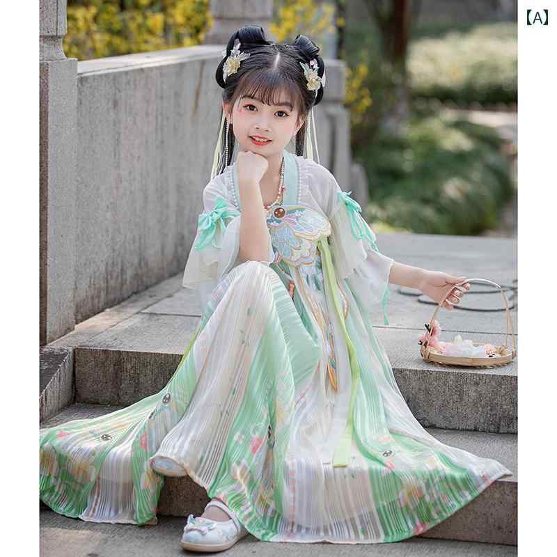 漢服 民族衣装 コスプレ 女の子 夏 緑 さわやか 子供 衣装 フェアリー 少女 王女 スカート チャイナ風 キッズ 薄手 グリーン