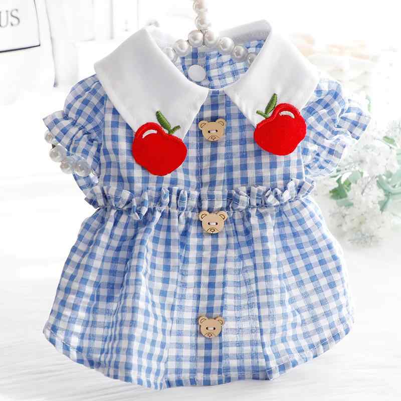 犬服 ペット服 春夏 薄手 猫 プリンセス ドレス チェック柄 アップル スモール フレッシュ 小型 犬 テディ ペット ブルー ブラック ファッション 衣装