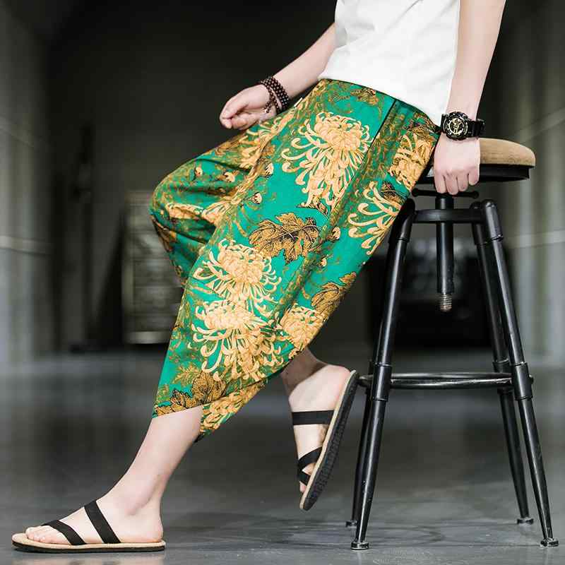 メンズ 中国風 ファッション チャイナ風 夏 リネン クロップドパンツ レトロ キャロット パンツ カジュアル ビーチ ショーツ