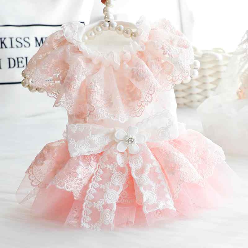 犬服 ドッグ キャット ウェア 猫服 プリンセス スカート 夏 秋 ワイド カラー レース 刺繍 ウェディングドレス 小型 犬 テディ ペット レース ピンク ホワイト 衣装