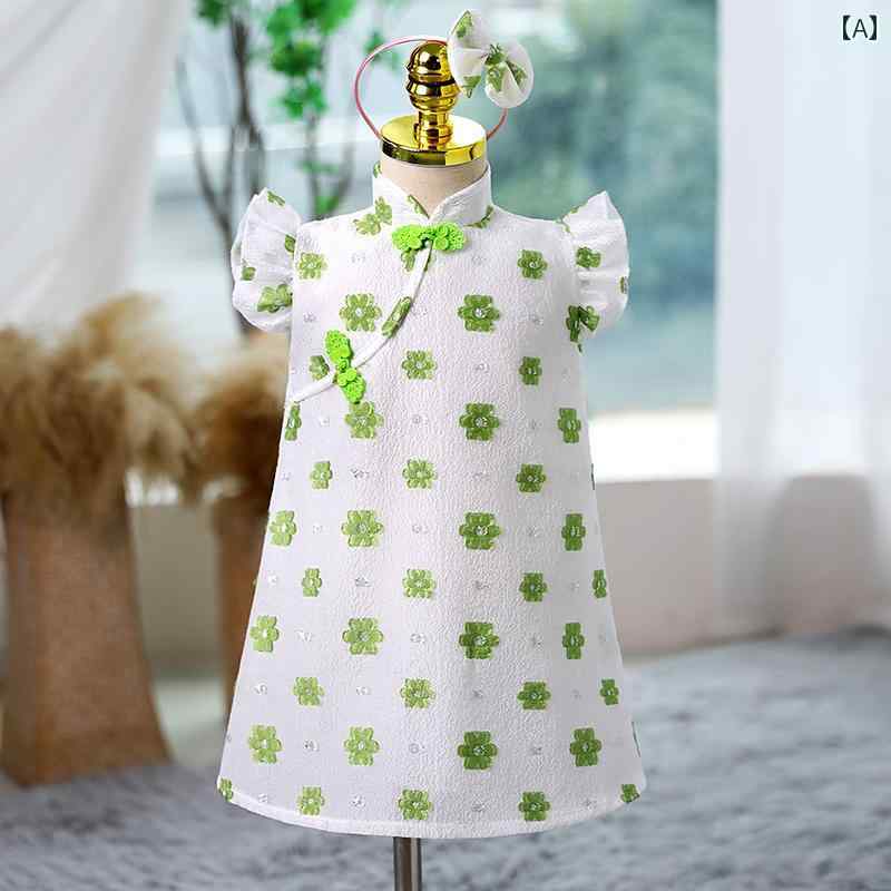 緑 女の子 チャイナ ドレス コスプレ 普段使い 写真撮影 衣装 夏 半袖 薄手 さわやか 子供 赤ちゃん プリンセス ベビー 小さめ花