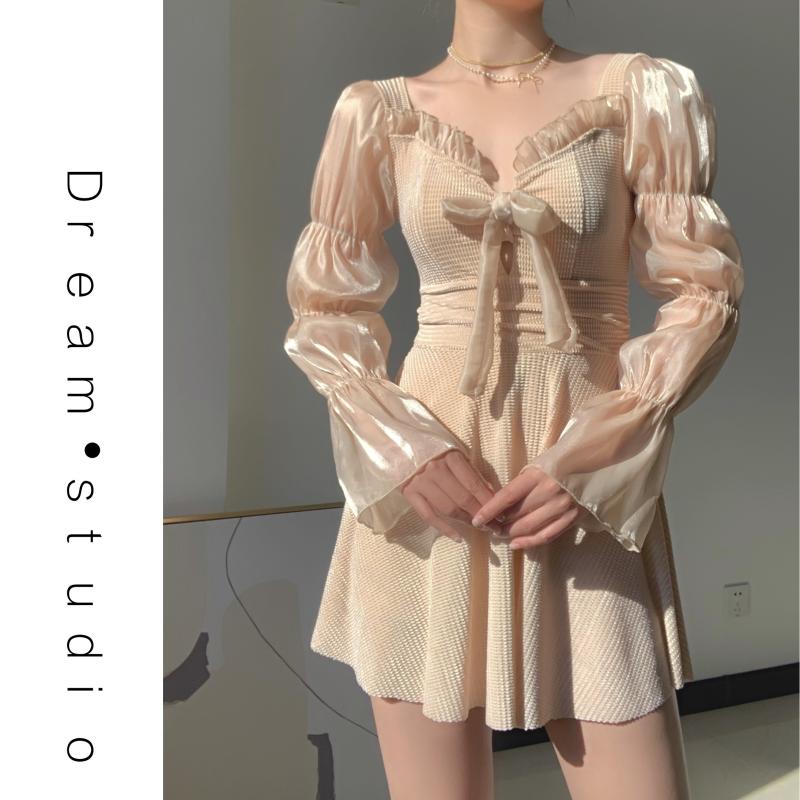 ワンピース 水着 レディース 夏 プール 海水浴 ビーチ レジャー エレガント カジュアル 長袖 スカート ハイウエスト