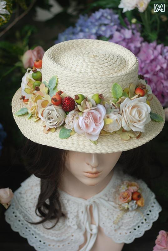 帽子 麦わら帽子 ロリータファッション 夏 花飾り かわいい ガーリー ファッションアイテム