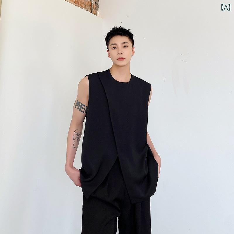 ノースリーブ 夏 メンズ ラウンドネック 薄地袖 チョッキ プルオーバー メンズ レジャー スリット ダーク ベスト 生地裾 シンプル