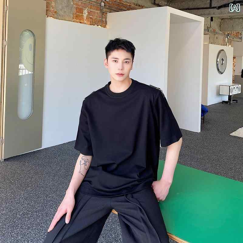 여름 심플한 한국 무지 가죽 밴드 라운드 넥 반소매 맨즈 T셔츠 캐주얼 맨즈 코튼 천 레저 느긋하게