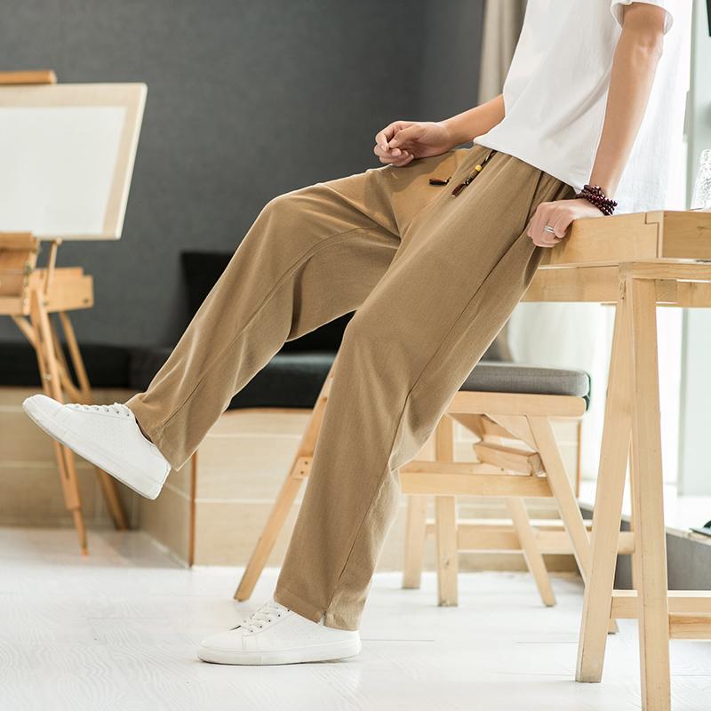 メンズ 中国風 ファッション チャイナ風 夏 無地 リネン カジュアル パンツ 夏 コットン リネン ストレート ワイドレッグパンツ 大きめサイズ 薄手 スポーツ ズボン